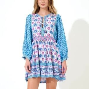Oliphant Tie Front Balloon Mini Dress Iris Blue Medium Floral Print Long Sleeve‎